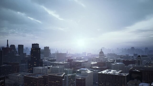 moody dusk skyline with cool light, deep blue atmosphere and distant skyscraper silhouettes, illuminated rooftops and reflective surfaces, perfect for cinematic