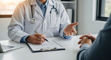 Physician Explaining Treatment Options and Documenting Notes During Patient Consultation. Personalized Medicine and Healthcare Services Concept.