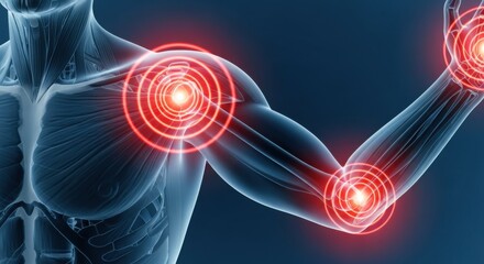 Human Body Anatomy Visualization Showing Acute Joint Pain (Shoulder, Elbow, Wrist). Medical illustration for health, treatment, and pain relief advertising.