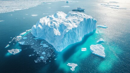 Dramatic aerial perspective of massive jagged iceberg with crystalline blue veins and crumbling edges, surrounded by mosaic of smaller ice fragments floating in vibrant turquoise meltwater, long