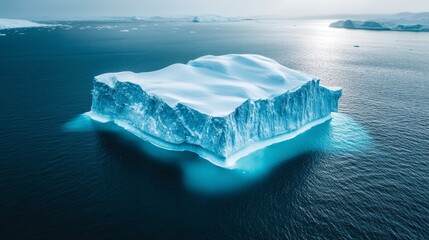 Drone photography capturing colossal weathered iceberg with visible water cascades streaming down translucent surfaces, intricate network of melt pools forming on upper plateau, arctic sunlight