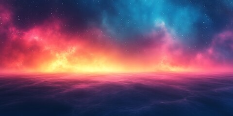 Naklejka premium Vibrant Cosmic Nebula Over Reflective Surface With Stars space galaxy