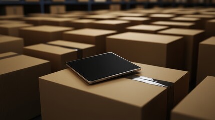 Sleek smartphone resting on robust stacked cardboard boxes indicating storage or transit operations.