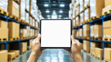 Person operating digital tablet for streamlined warehouse inventory management and efficient logistics optimization.