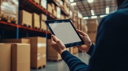 Professional utilizes digital tablet for inventory management in vast industrial warehouse setting.
