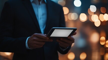 Professional executive man in business suit actively using advanced smartphone device.