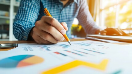 Diligent man engaged in focused writing producing important content on paper document with pen.