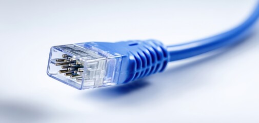 The Ethernet Cable Connector Closeup Showing RJ45 Plug Against Soft Blue Background