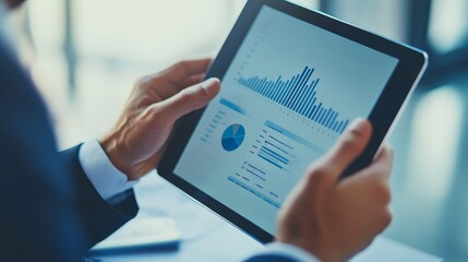 Professional analyzing digital data graphs on tablet screen for business performance insights and strategic planning.