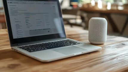Modern laptop computer on rustic wooden table creating productive workspace setup.