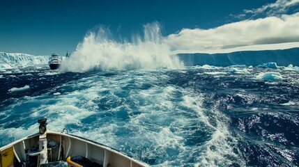 Dynamic shot from boat level of lone explorer witnessing massive shelf of glacial ice collapsing into churning sea, water spray creating rainbow effect in sunlight, weathered face showing concern and
