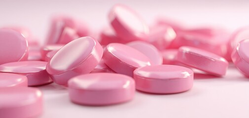 The Pink Tablets Closeup Macro Shot of Shiny Round Candy Like Pills