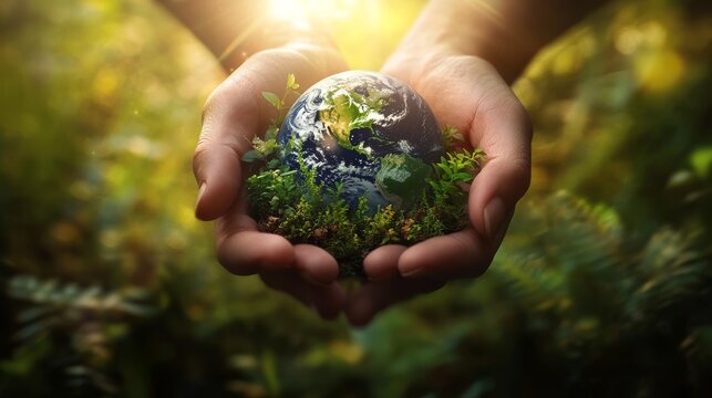 Close-up macro photography of weathered hands gently holding detailed miniature earth, surrounded by thick forest of tiny plants growing upward between fingers, mist hanging in air, sunbeams