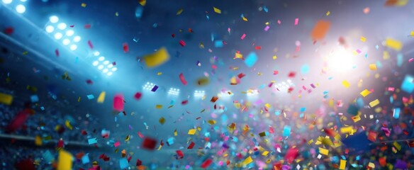 The Confetti Shower Over Stadium Crowd During Nighttime Celebration and Victory Moment
