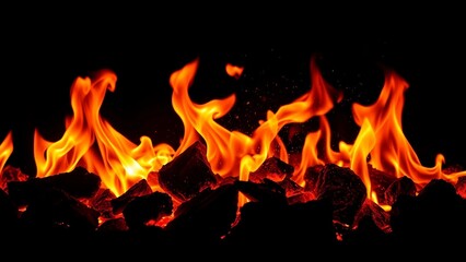 Realistic fire flames with glowing embers and sparks on a dark background. High contrast flames symbolizing heat, danger, energy, power, and intense natural elements.