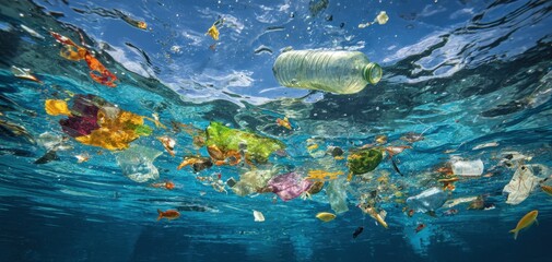 The Plastic Pollution Floating Underwater Among Colorful Debris and Tropical Fish