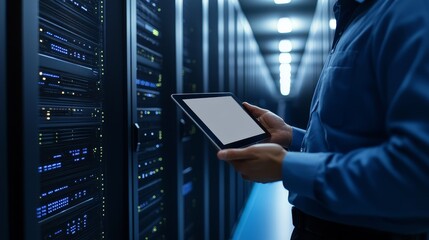 Professional man in blue shirt engaging with modern digital tablet device for business communication.