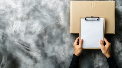 Professional worker inspecting inventory box with clipboard logistics management and quality control process.