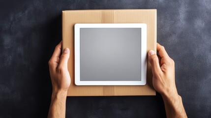 Person holding advanced digital tablet with blank display screen for content presentation.
