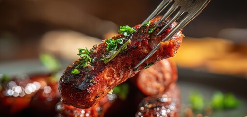 The sausage on a fork with charred glaze and fresh herb garnish