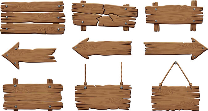 Wooden Signboard Illustration Set with Rustic Boards, Hanging Signs, and Direction Arrows for Farm, Nature, Game UI, and Vintage Design Projects