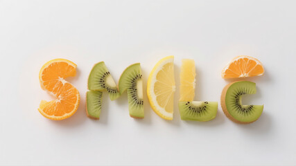 SMILE word made of sliced fruit segments on white background, healthy typography