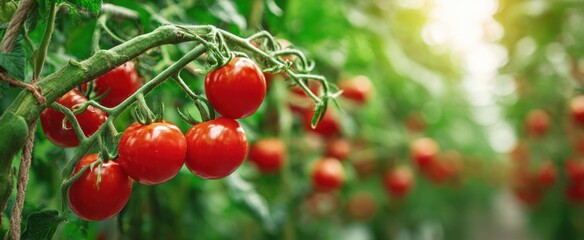 The Cherry Tomato Vine Heavy with Fruit in a Sunlit Greenhouse Garden Row