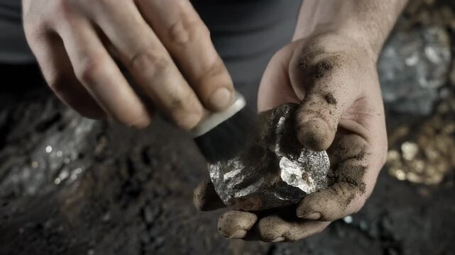 Person holding raw diamonds in dirty hands with a tool.