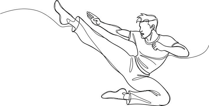 Minimalist continuous line drawing illustrates a powerful martial artist executing a high side kick demonstrating focused athletic movement and dynamic combat training.