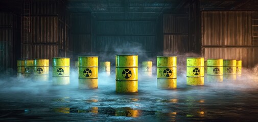 The Radioactive Barrels in a Fog-Filled Industrial Warehouse with Reflective Wet Floor