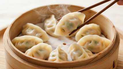 Steamed dumplings in bamboo steamer with chopsticks, asian food concept