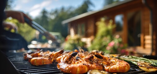 The Shrimp Sizzling on a Backyard Grill with Asparagus and Rustic Cabin Background