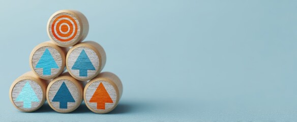 The Wooden Cylinder Pyramid Showing Upward Arrows and Bullseye Target for Growth