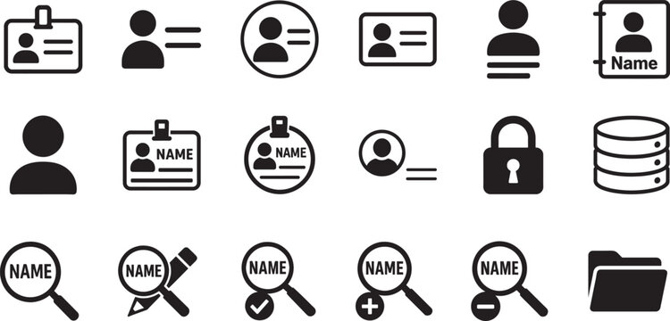 Name SVG icon set with editable vector EPS symbols for labels, profiles, UI, web and branding use.