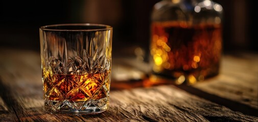 The whiskey glass on a rustic wooden table with a blurred decanter