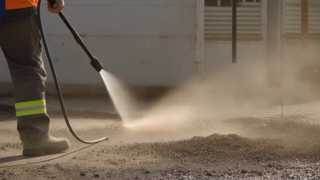Worker using a high-pressure water jet to clean a dirty surface.
