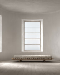 Fototapeta premium Minimalist interior design featuring a simple bed by a large window in a bright, calm room