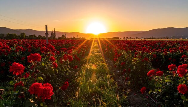 A serene sunset over a vibrant field of red flowers