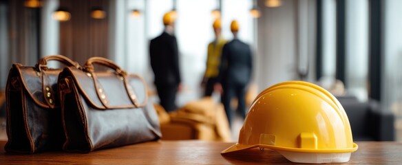 The hard hat on desk with leather briefcase and blurred contractors in background