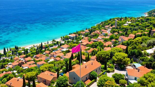 Coastal town with orange roofs and pink flag