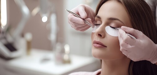 The woman receiving eyelash extensions in a serene modern beauty salon