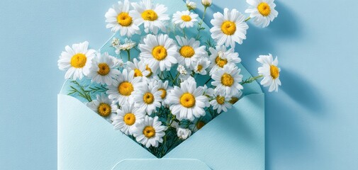 The Daisies in a Soft Blue Envelope on a Pastel Background Bright Flatlay