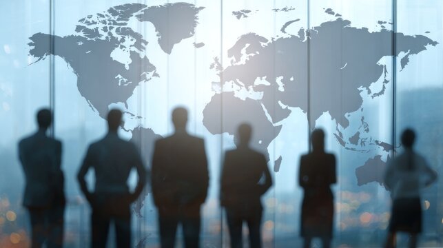Silhouettes of business professionals stand in front of a translucent world map, symbolizing global connectivity and collaboration in a modern office setting. - Powered by Adobe