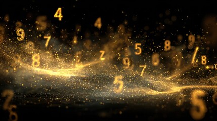 A mesmerizing display of glowing golden numbers floating amidst a dark, starry background, creating an enchanting and dynamic visual.