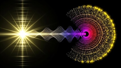 Glowing yellow star emitting light waves transforming into colorful spiral pattern