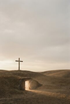 Christian cross on a hill above the empty tomb of Jesus Christ at dawn representing the resurrection.