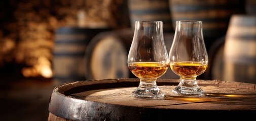 The Whiskey Glasses on an Oak Barrel in a Warm Distillery Cellar