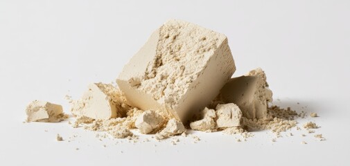 The Block of Crumbled Beige Material with Powder and Fragments on White Background