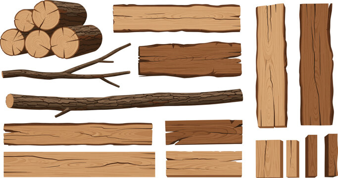 Wooden Logs and Planks Vector Set with Natural Tree Trunks, Boards, Branches, and Rustic Timber Elements for Design