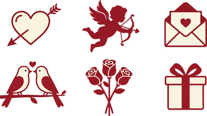  Set of Charming Two-Color Valentine's Day Elements 2026, Romantic Love Symbols and Icon Collection Isolated on White 2026 